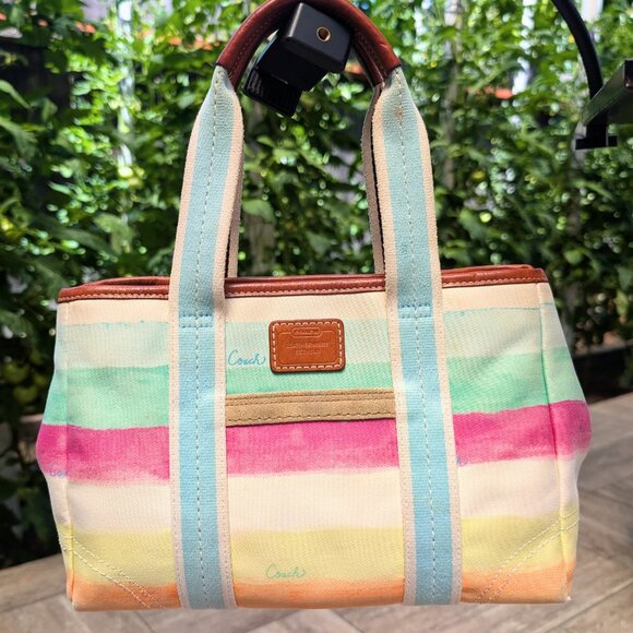 Coach, Hamptons Watercolor Canvas Mini Tote Bag, Multicolor Stripe, Leather Trim - Picture 1 of 15